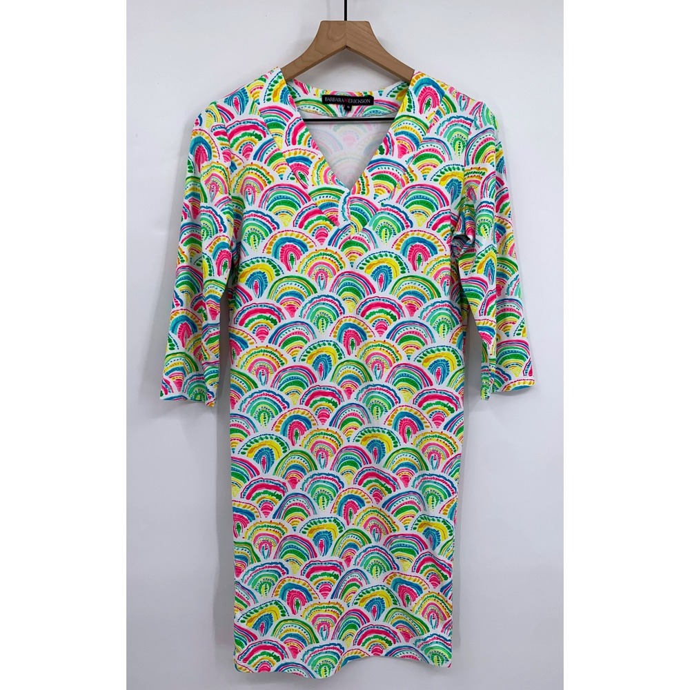 Barbara Erickson Dress Small Rainbow Pattern V-Neck Performance Stretch Read